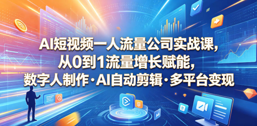 AI短视频一人流量公司实战课，从0到1流量增长赋能，数字人制作・AI自动剪辑・多平台变现，一人做流量生意全落地教程-优优云创网