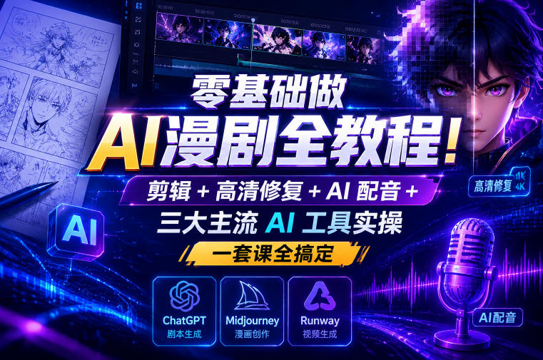 零基础做AI漫剧全教程！剪辑+高清修复+AI配音+三大主流AI工具实操，一套课全搞定-优优云创网