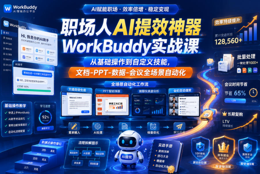 职场人AI提效神器WorkBuddy实战课，从基础操作到自定义技能，文档-PPT-数据-会议全场景自动化-优优云创网