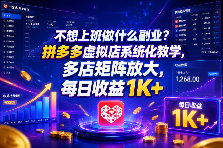 20260613161727922-f737dc16fa5c3f34b7d5616f11216142 不想上班做什么副业?拼多多虚拟店系统化教学,多店矩阵放大,每日收益1K+【揭秘】