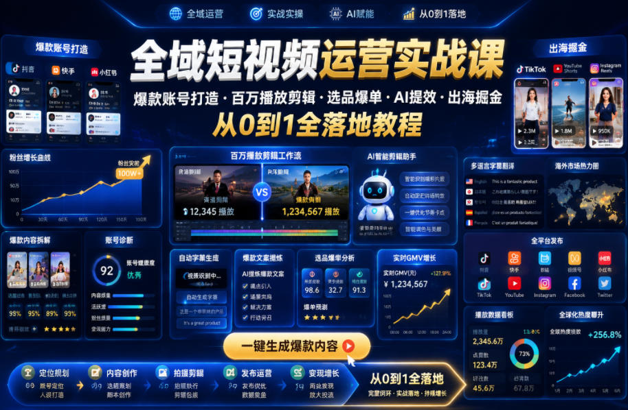 全域短视频运营实战课,爆款账号打造・百万播放剪辑・选品爆单・AI提效・出海掘金,从0到1全落地教程-优优云创网