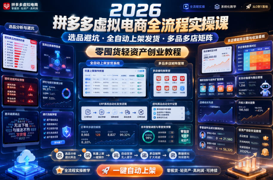 2026拼多多虚拟电商全流程实操课,选品避坑・全自动上架发货・多品多店矩阵,零囤货轻资产创业教程-优优云创网