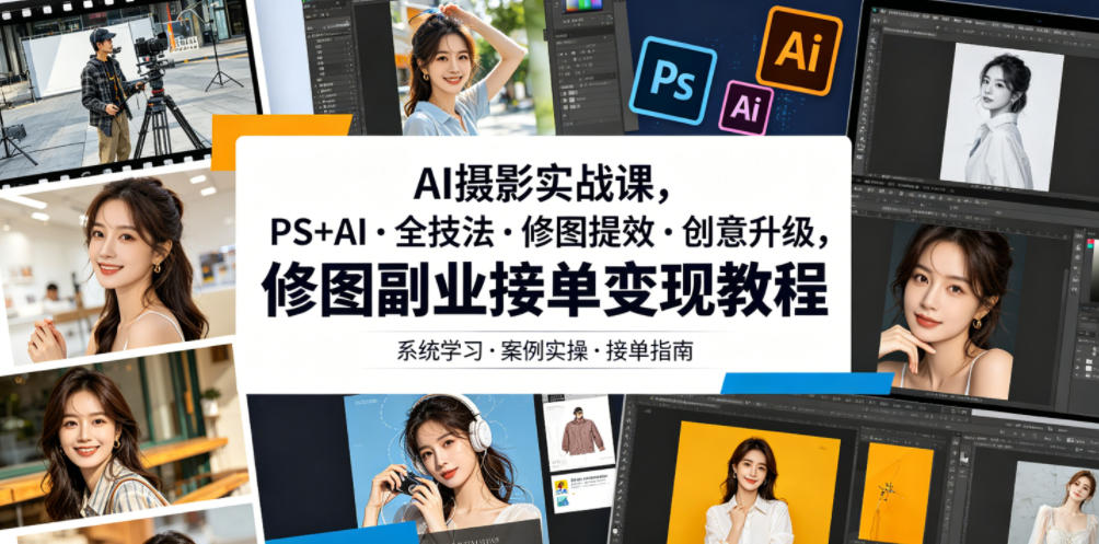 AI摄影实战课,PS+AI・全技法・修图提效・创意升级,修图副业接单变现教程-优优云创网
