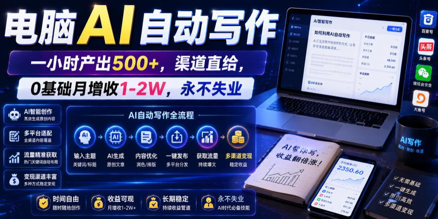 电脑AI自动写作,一小时产出500+,渠道直给,0基础月增收1-2W,永不失业【揭秘】-优优云创网