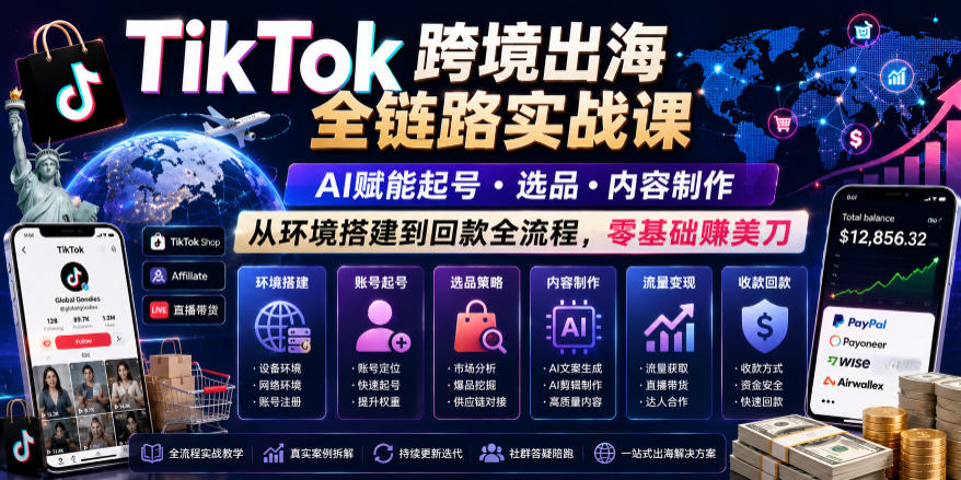 TikTok跨境出海全链路实战课，AI赋能起号・选品・内容制作，从环境搭建到回款全流程，零基础賺美刀-优优云创网