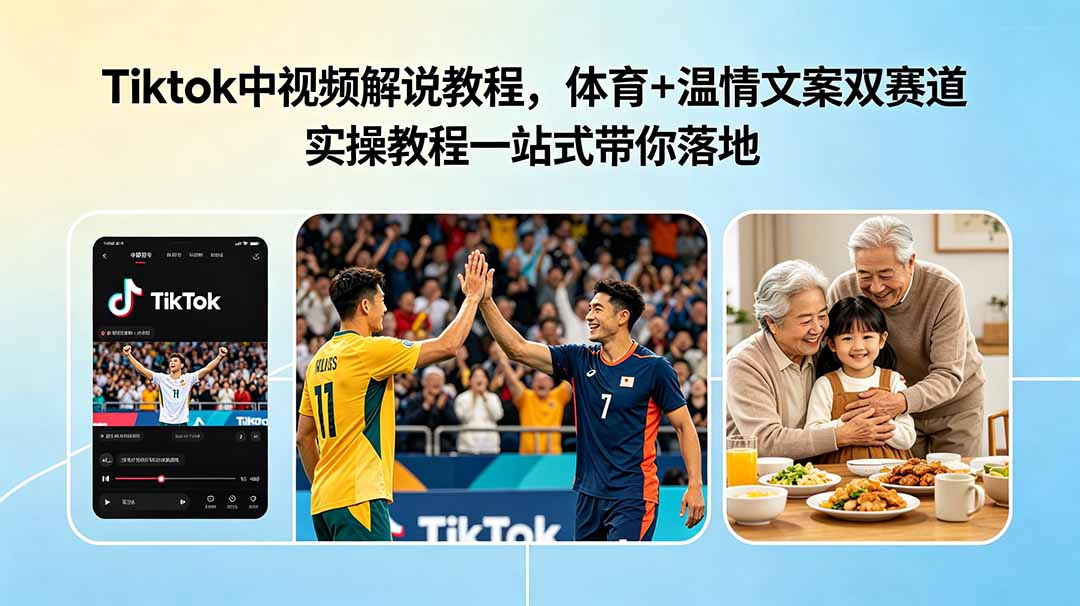 Tiktok中视频解说教程,体育+温情文案双赛道实操教程一站式带你落地-优优云创网