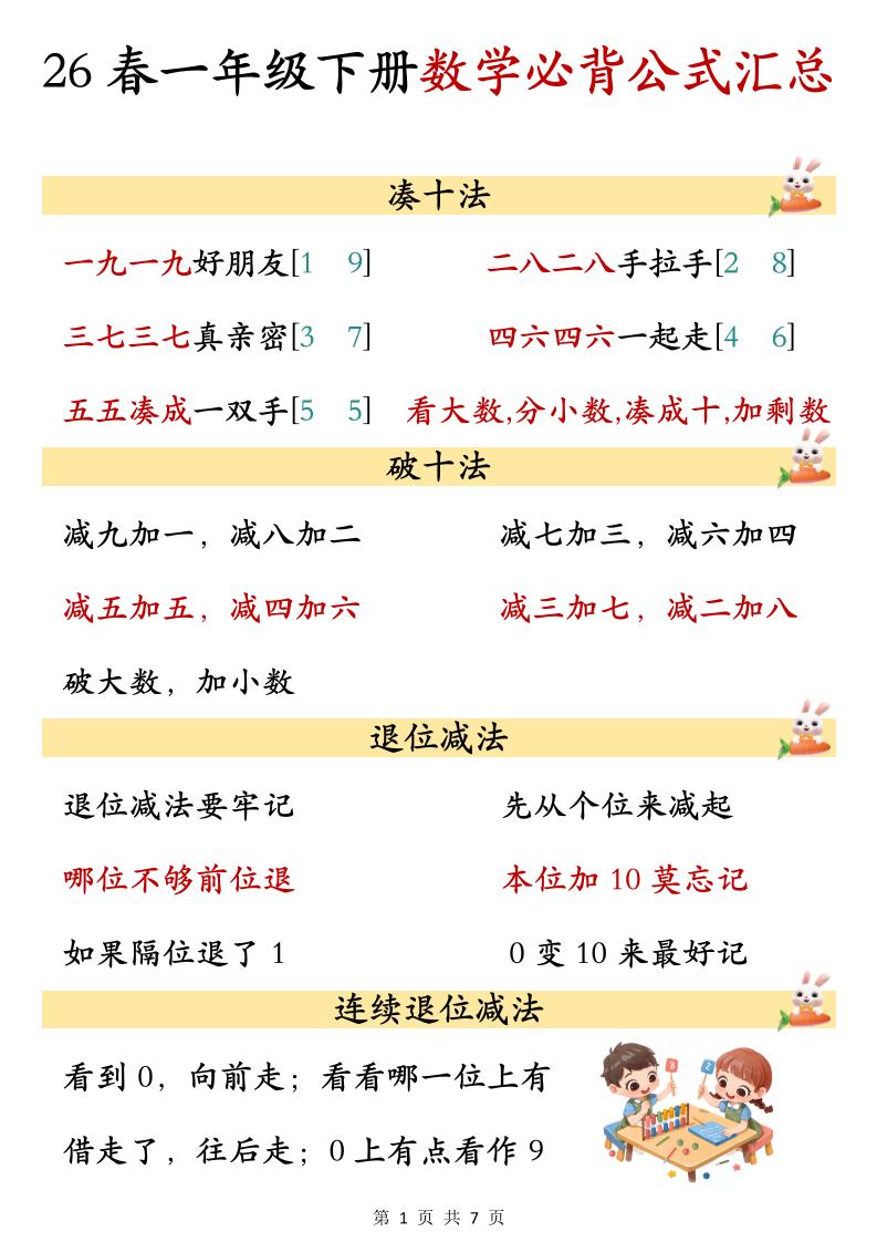 26春一年级下数学期末必背公式汇总-优优云创网