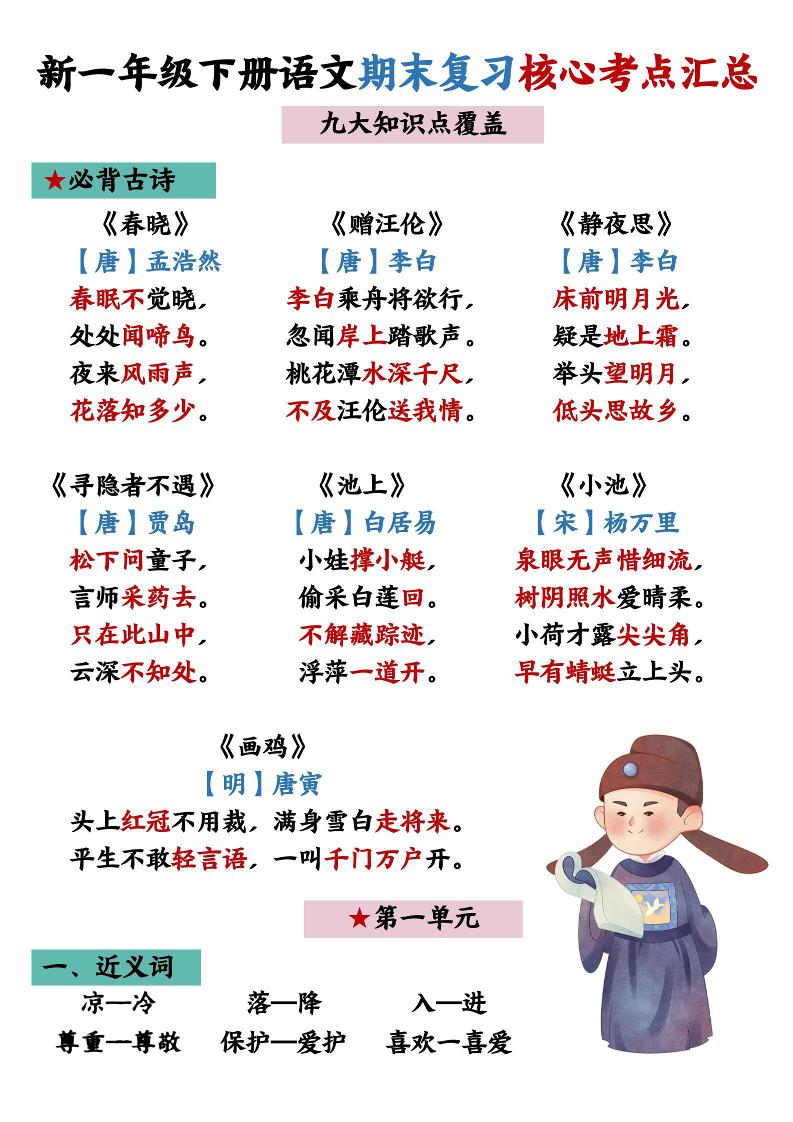 26春一年级下语文期末复习核心考点汇总-优优云创网