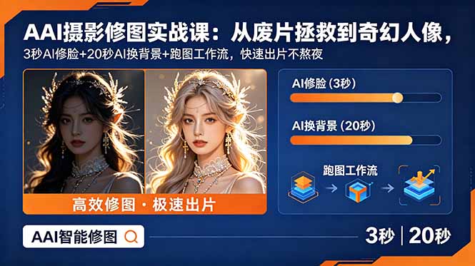 AI摄影修图实战课:从废片拯救 到 奇幻人像,3秒AI修脸+20秒AI换背景+跑图工作流,快速出片不熬夜-优优云创网