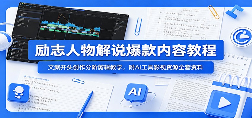 励志人物解说爆款内容教程:文案开头创作分阶剪辑教学,附AI 工具影视资源全套资料-优优云创网