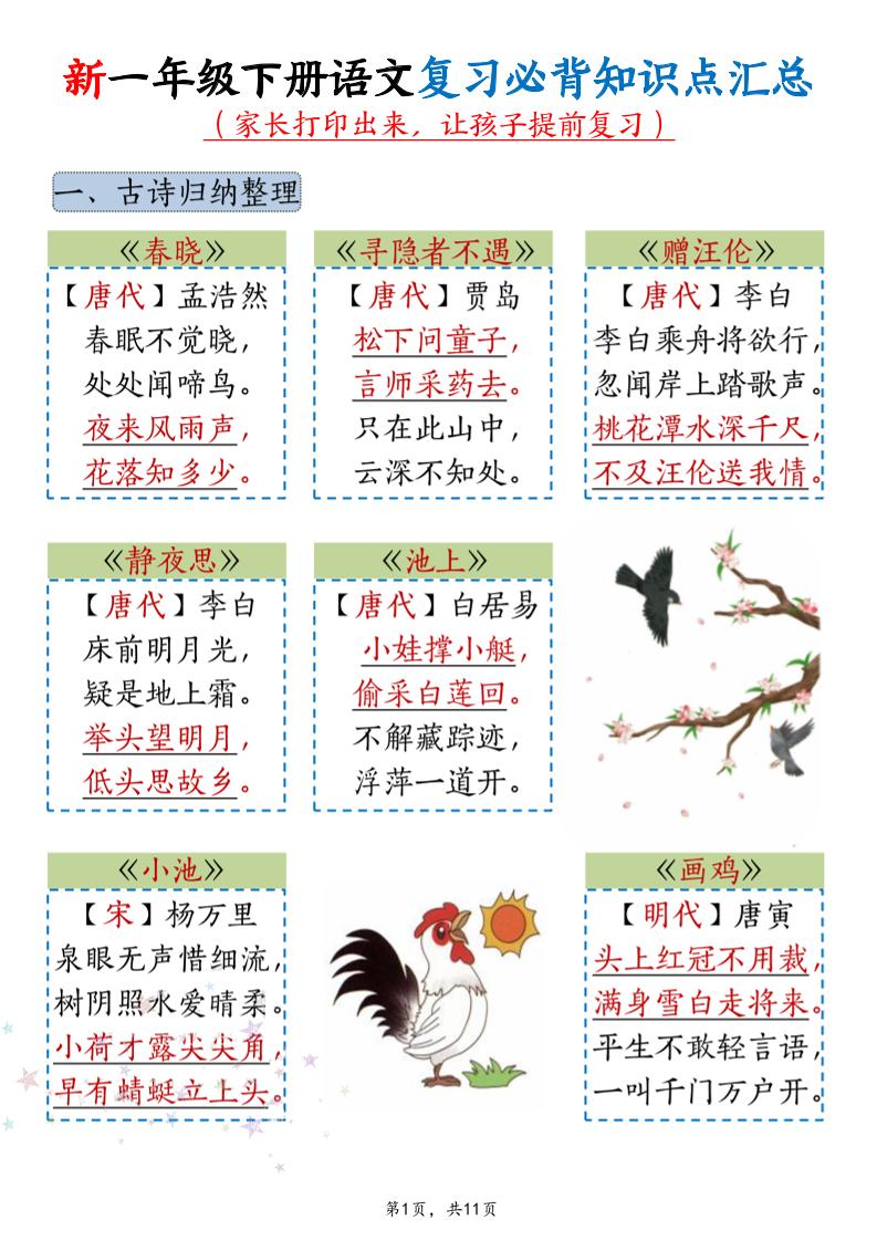 新一年级下册语文复习必背知识点汇总-优优云创网