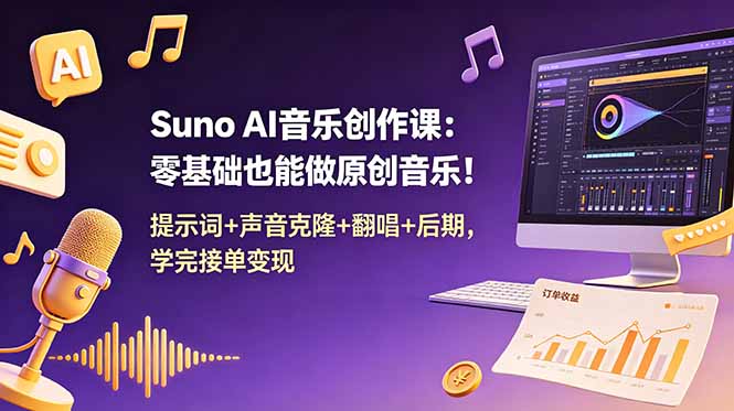 Suno AI音乐创作课:零基础也能做原创音乐!提示词+声音克隆+翻唱+后期,学完接单变现-优优云创网
