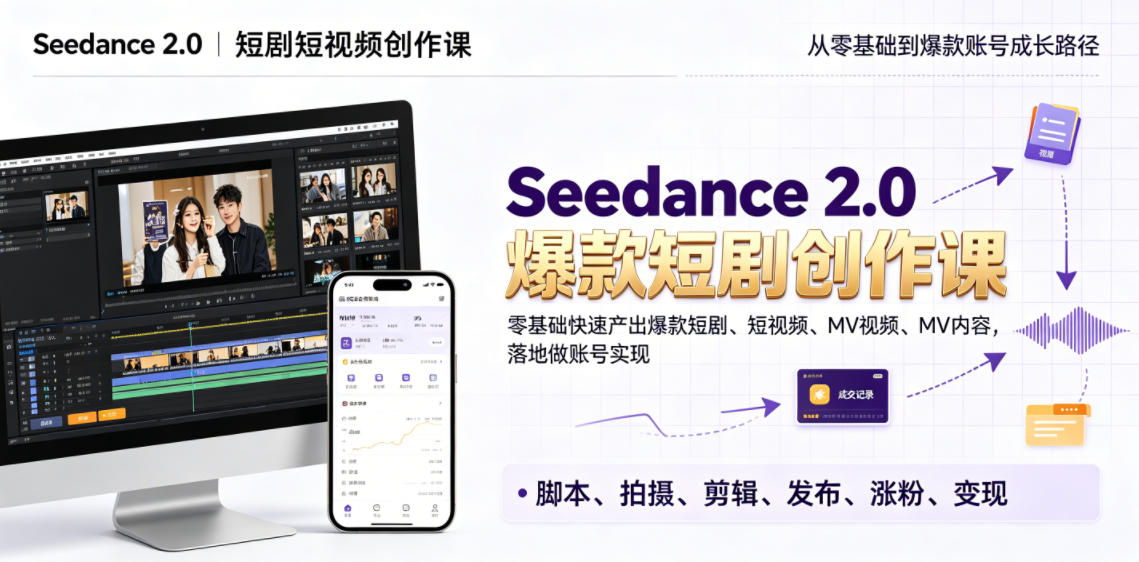 Seedance 2.0短剧短视频创作课,零基础快速产出爆款短剧、短视频、MV内容,落地做账号实现变现-优优云创网