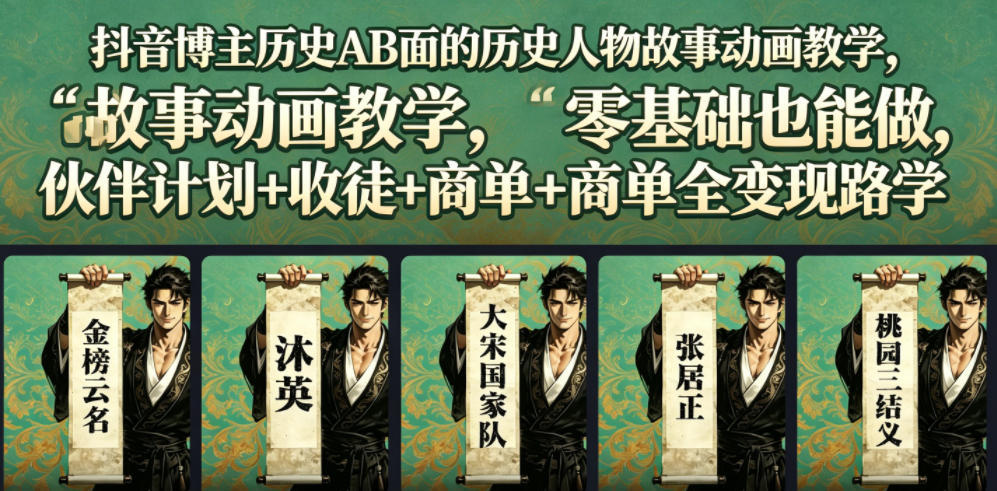 抖音博主历史AB面的历史人物故事动画教学，零基础也能做，伙伴计划+收徒+商单全变现路径教学-优优云创网