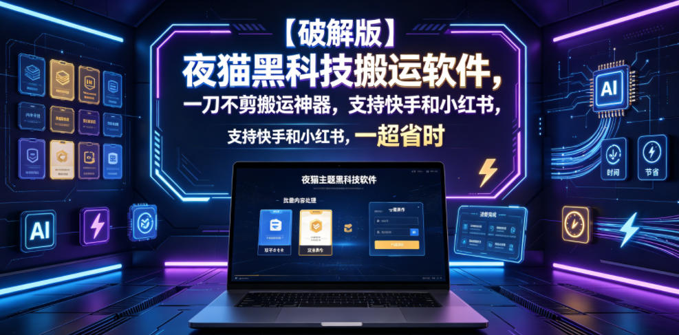 【破解版】夜猫黑科技搬运软件，一刀不剪搬运神器，支持快手和小红书，一键搬运超省时！-优优云创网