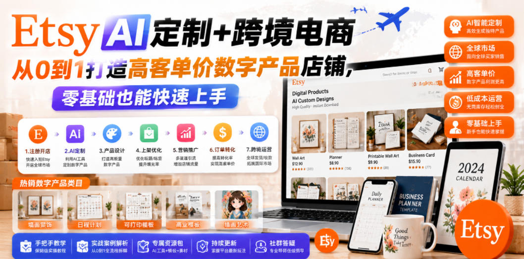 Etsy AI定制+跨境电商,从0到1打造高客单价数字产品店铺,零基础也能快速上手-优优云创网