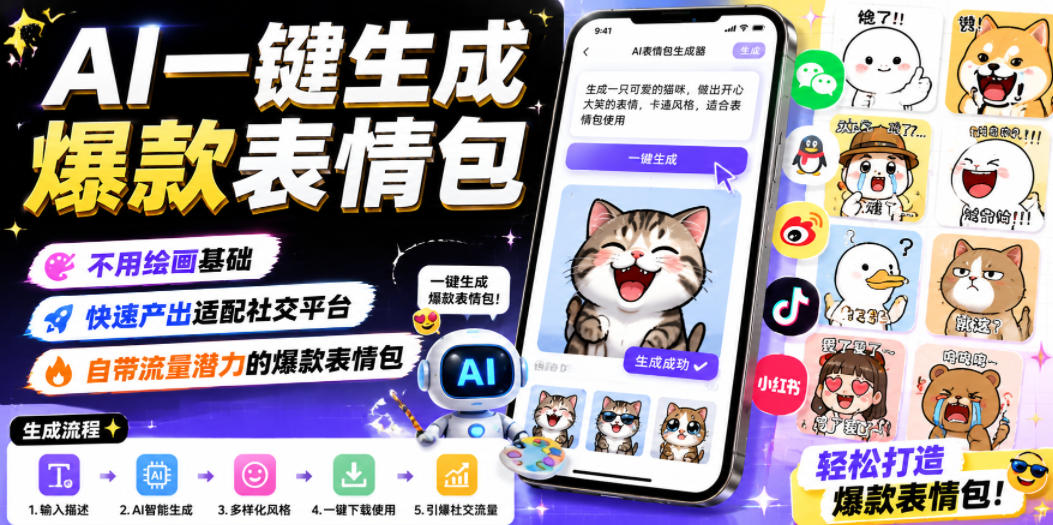 AI一键生成爆款表情包,不用绘画基础,快速产出适配社交平台,自带流量潜力的爆款表情包-优优云创网
