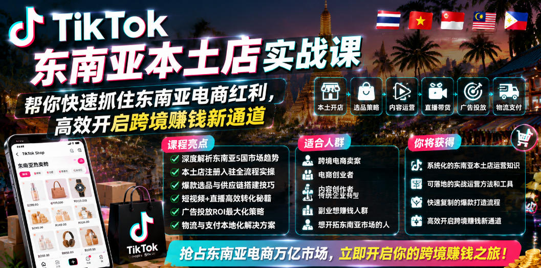 TikTok东南亚本土店实战课,帮你快速抓住东南亚电商红利,高效开启跨境賺钱新通道-优优云创网
