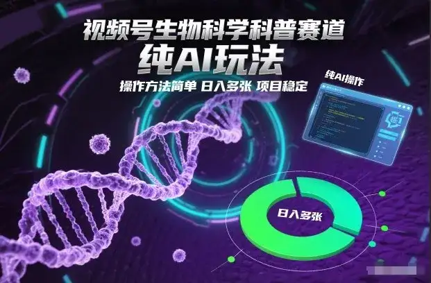 视频号生物科学科普赛道，纯AI玩法，操作方法简单，日入多张，项目稳定-优优云创