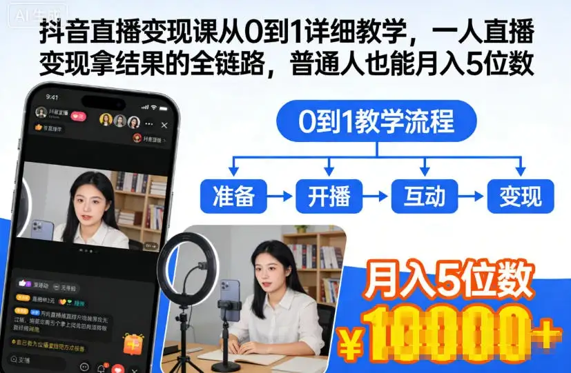 【精】抖音直播变现课从0到1详细教学，一人直播变现拿结果的全链路，普通人也能月入5位数-优优云创