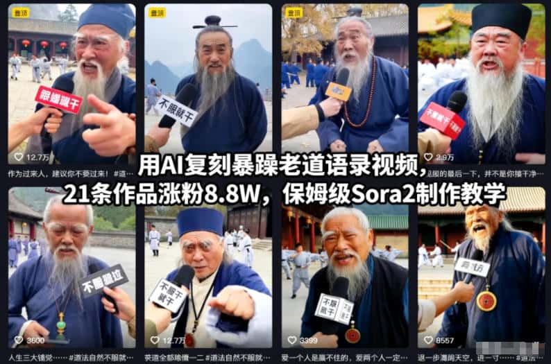 用AI复刻暴躁老道语录视频，21条作品涨粉8.8W，保姆级Sora2制作教学-优优云创