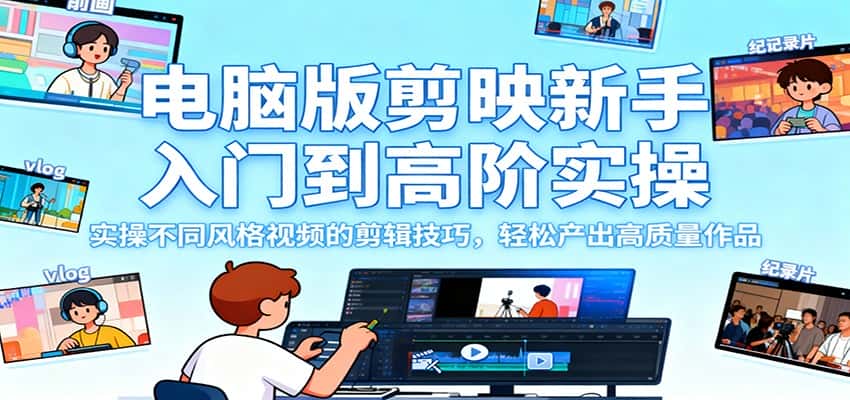 电脑版剪映新手入门到高阶实操,实操不同风格视频的剪辑技巧,轻松产出高质量作品-副业吧