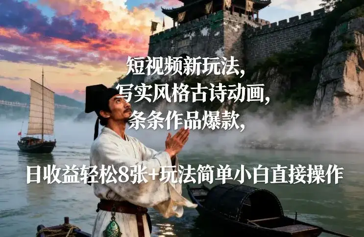 短视频新玩法,写实风格古诗动画,条条作品爆款,日收益轻松8张+玩法简单小白直接操作-副业吧