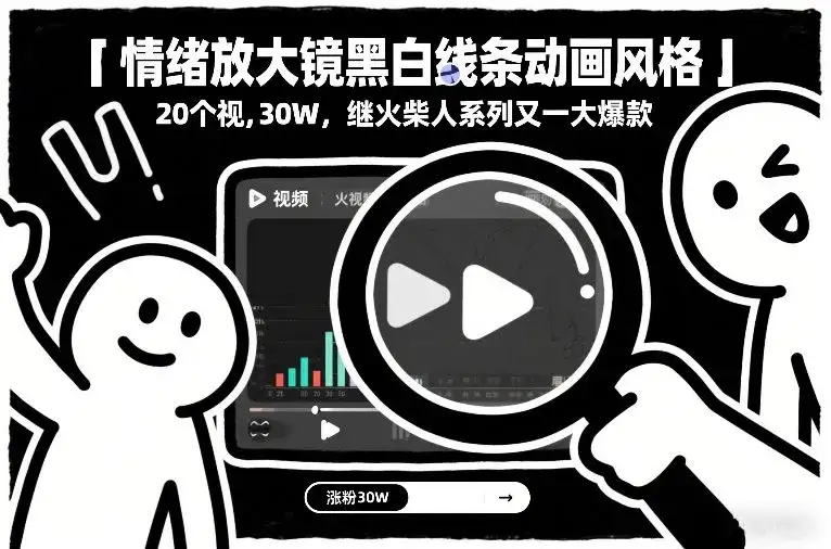 情绪放大镜黑白线条动画风格，20个视频，涨粉30W，继火柴人系列又一大爆款-副业吧