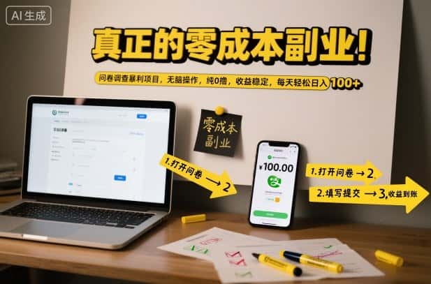 真正的零成本副业！问卷调查暴利项目，无脑操作，纯0撸，收益稳定，每天轻松日入100+【揭秘】-优优云创