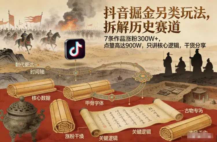 抖音掘金另类玩法，拆解历史赛道，7条作品涨粉300W+，点赞量高达900W，只讲核心逻辑，干货分享-副业吧