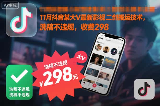 11月抖音某大V最新影视二创搬运技术，洗稿不违规，收费298-优优云创