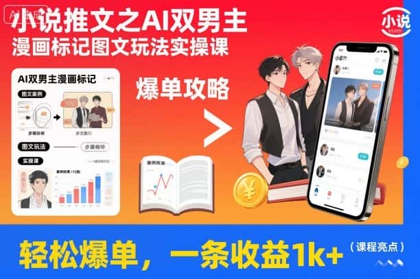 小说推文之AI双男主漫画标记图文玩法实操课，轻松爆单，一条收益1k+-优优云创