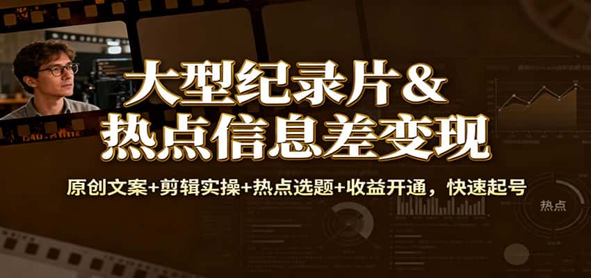大型纪录片&热点信息差变现：原创文案+剪辑实操+热点选题+收益开通，快速起号-副业吧