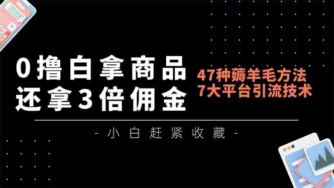 0撸白拿商品，还拿3倍佣金，47种薅羊毛方法，7大平台全方位引流技术教学，精专月入过万-优优云创