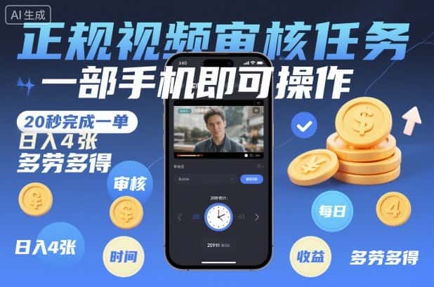 正规视频审核任务，一部手机即可操作，20秒完成一单，日入4张，多劳多得【揭秘】-优优云创