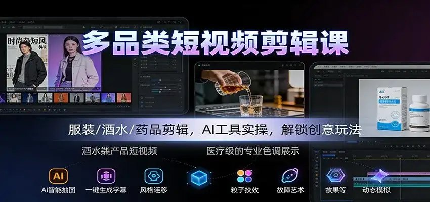 多品类短视频剪辑课：服装/酒水/药品剪辑，AI工具实操，解锁创意玩法-副业吧