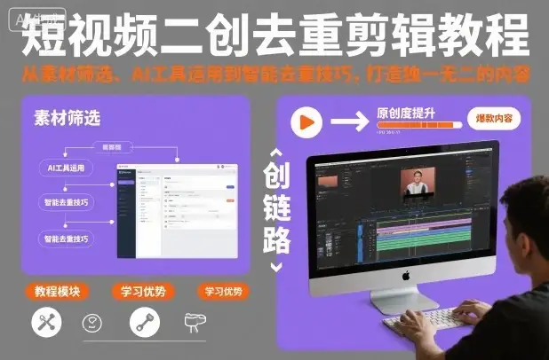 【精】短视频二创去重剪辑教程,从素材筛选、AI工具运用到智能去重技巧,打造独一无二的内容-副业吧