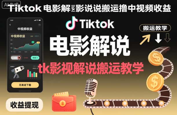 Tiktok电影解说搬运撸中视频收益，tk影视解说搬运教学-优优云创