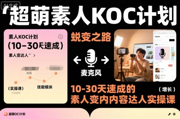 超萌素人KOC计划，10-30天速成的素人变内容达人实操课，适合想做短剧小说推文电商推广的素人入局-优优云创