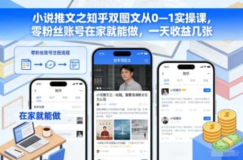 小说推文之知乎双图文从0—1实操课，零粉丝账号在家就能做，一天收益几张-优优云创