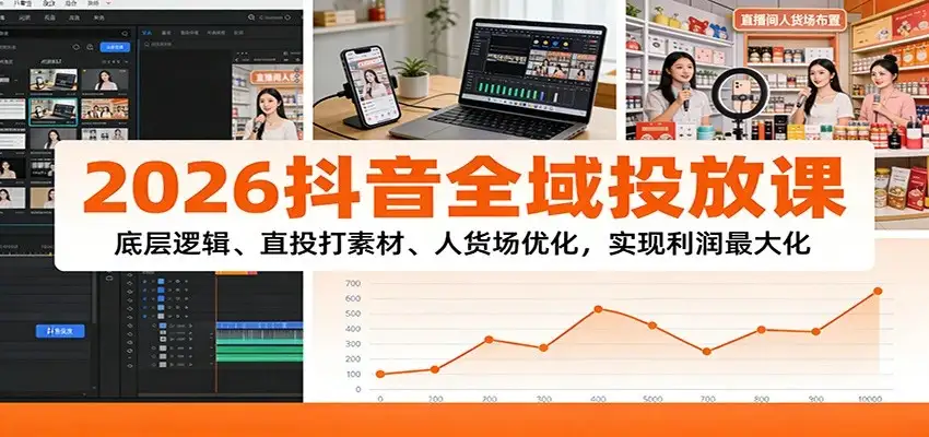 2026抖音全域投放课：底层逻辑、直投打素材、人货场优化，实现利润最大化-副业吧
