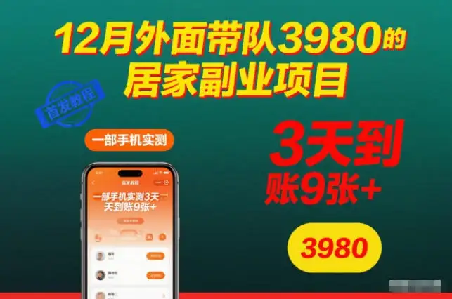 12月外面带队3980的居家副业项目，一部手机实测3天到账9张 ，首发教程【揭秘】-副业吧