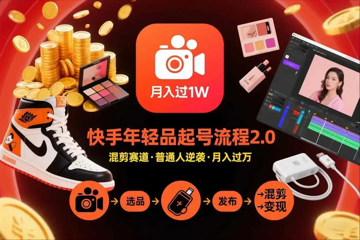 【精】快手短视频带货年轻品起号流程2.0，快手年轻品混剪赛道，普通人也能月入过1W-副业吧
