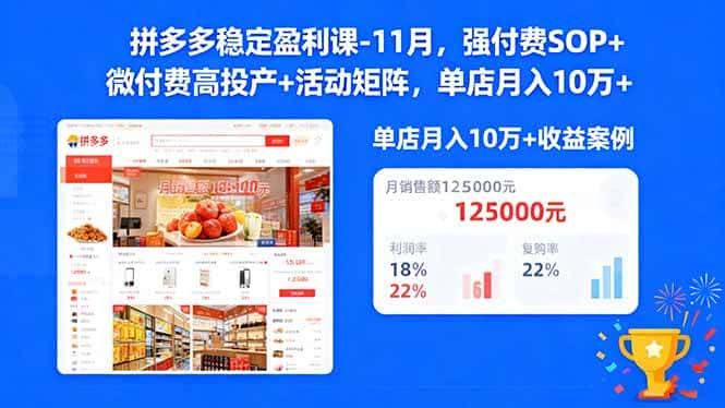 （16473期）拼多多稳定盈利课-11月，强付费SOP+微付费高投产+活动矩阵，单店月入10万+-优优云创