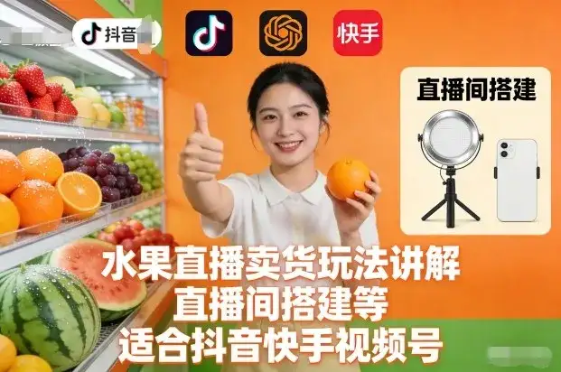 水果直播卖货玩法讲解、直播间搭建等，适合抖音快手视频号-优优云创