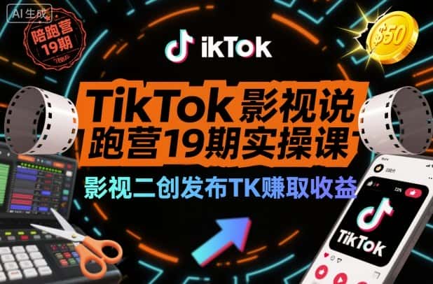 TikTok影视解说陪跑营19期实操课，影视二创发布TK賺取收益，万播收益50美金-副业吧